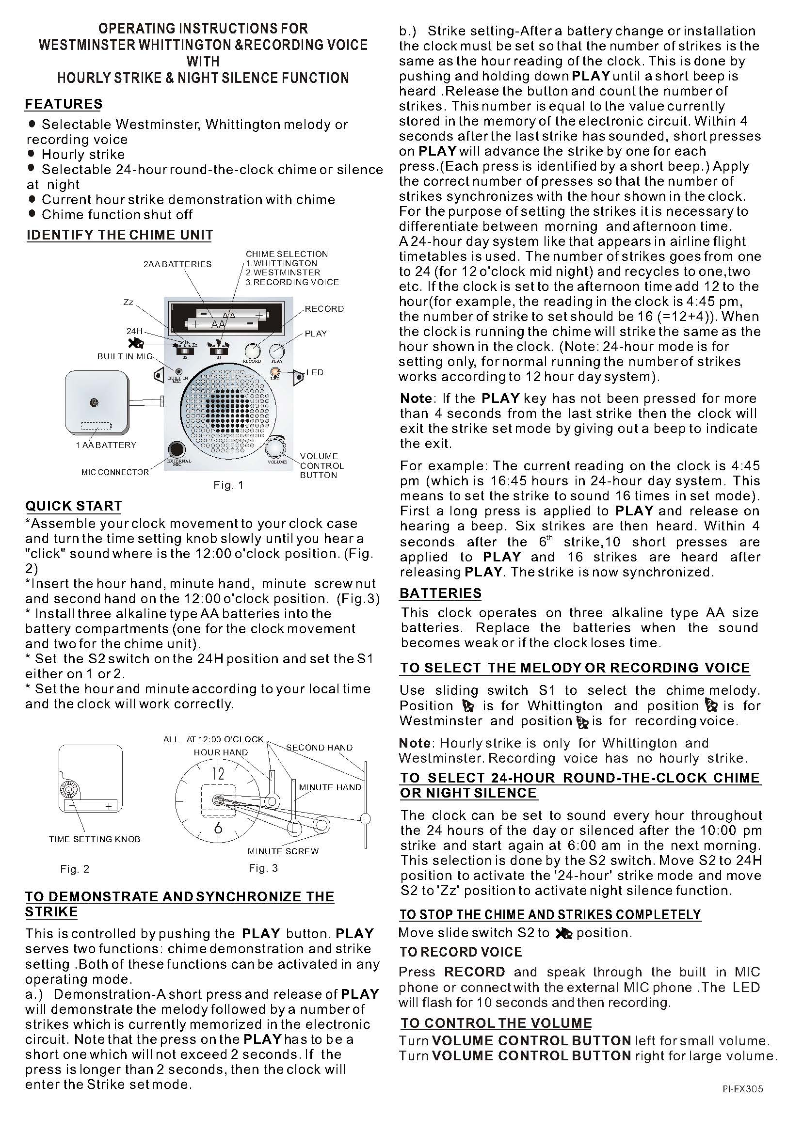 Instructions for recordable chiming quartz clock movement